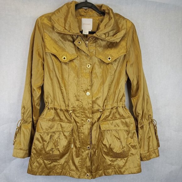 SPANNER Jackets & Blazers - Spanner Utility Jacket Women 12 Stud Bell Sleeve Shiny Metallic Gold Slinky Glam